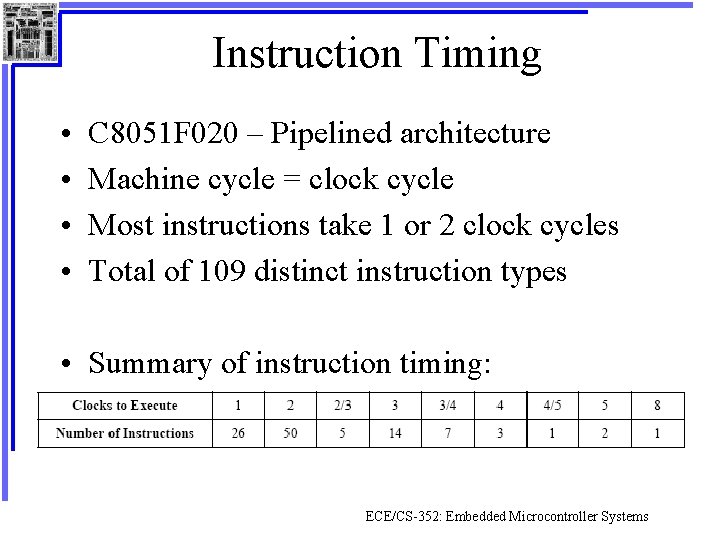 Instruction Timing • • C 8051 F 020 – Pipelined architecture Machine cycle =