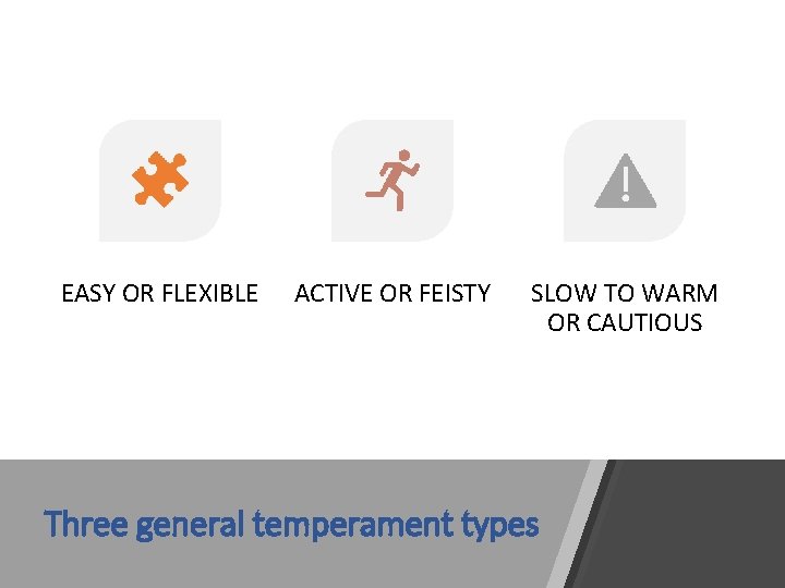 EASY OR FLEXIBLE ACTIVE OR FEISTY SLOW TO WARM OR CAUTIOUS Three general temperament EASY OR FLEXIBLE ACTIVE OR FEISTY SLOW TO WARM OR CAUTIOUS Three general temperament