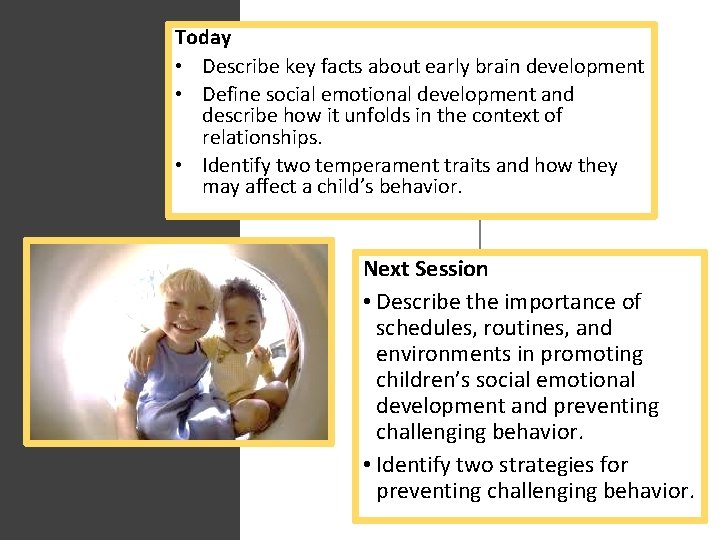 Today • Describe key facts about early brain development • Define social emotional development Today • Describe key facts about early brain development • Define social emotional development