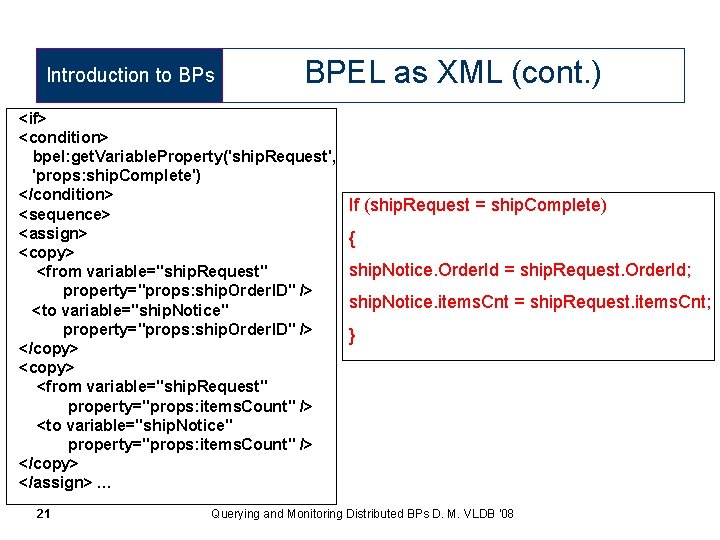 Introduction to BPs BPEL as XML (cont. ) <if> <condition> bpel: get. Variable. Property('ship.