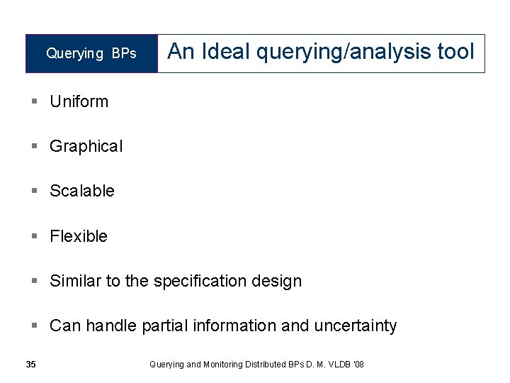 Querying BPs An Ideal querying/analysis tool § Uniform § Graphical § Scalable § Flexible