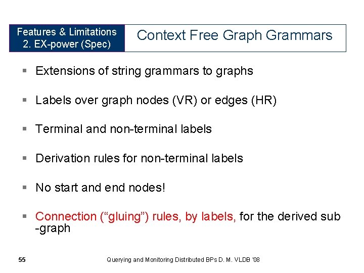 Features & Limitations 2. EX-power (Spec) Context Free Graph Grammars § Extensions of string