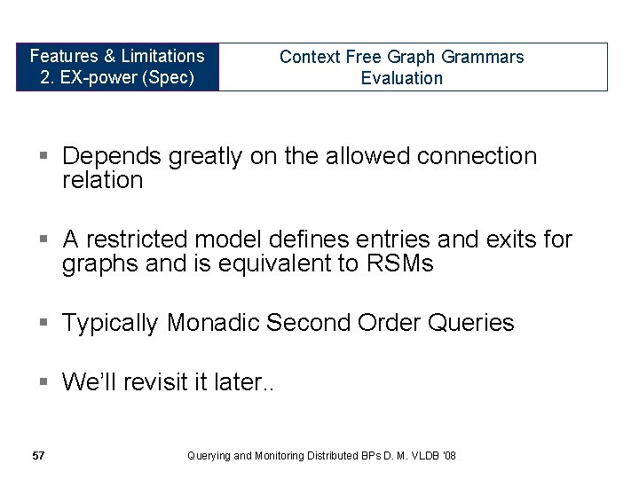 Features Expressive & Limitations Power 2. (Specification) EX-power (Spec) Context Free Graph Grammars Evaluation