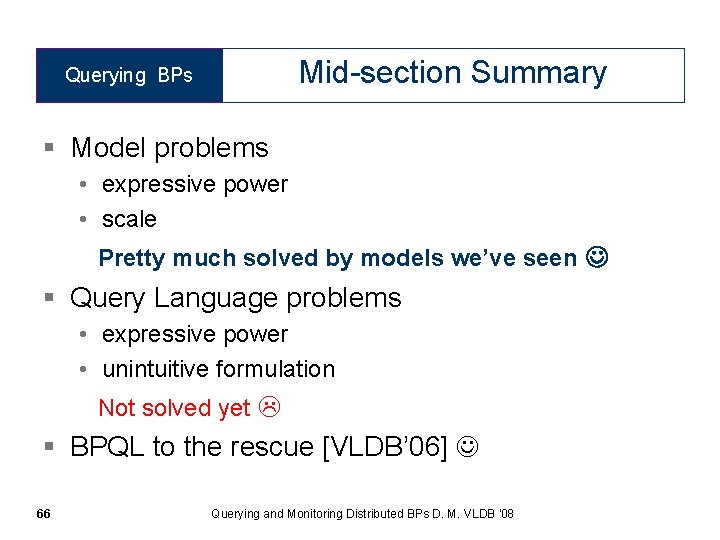 Mid-section Summary Querying BPs § Model problems • expressive power • scale Pretty much