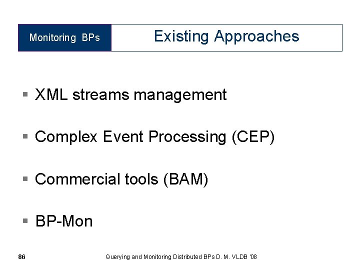 Monitoring BPs Existing Approaches § XML streams management § Complex Event Processing (CEP) §