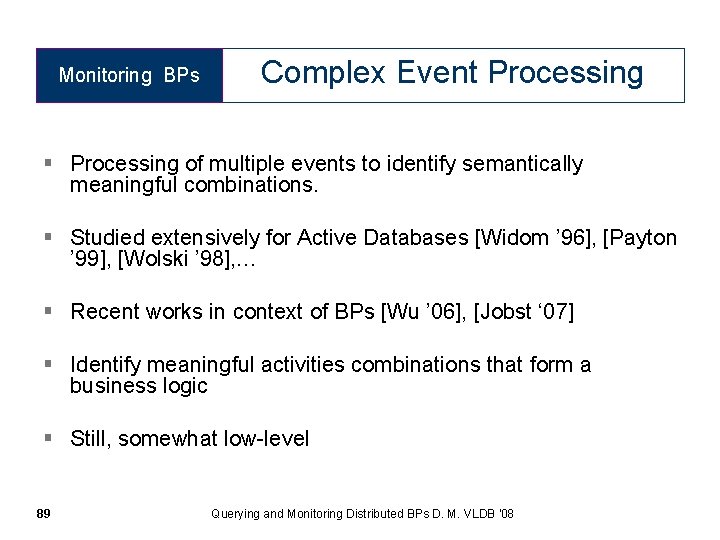 Monitoring BPs Complex Event Processing § Processing of multiple events to identify semantically meaningful