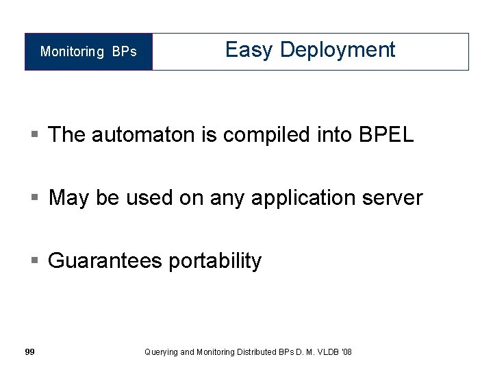 Monitoring BPs Easy Deployment § The automaton is compiled into BPEL § May be