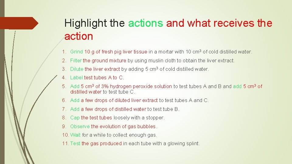 Highlight the actions and what receives the action 1. Grind 10 g of fresh