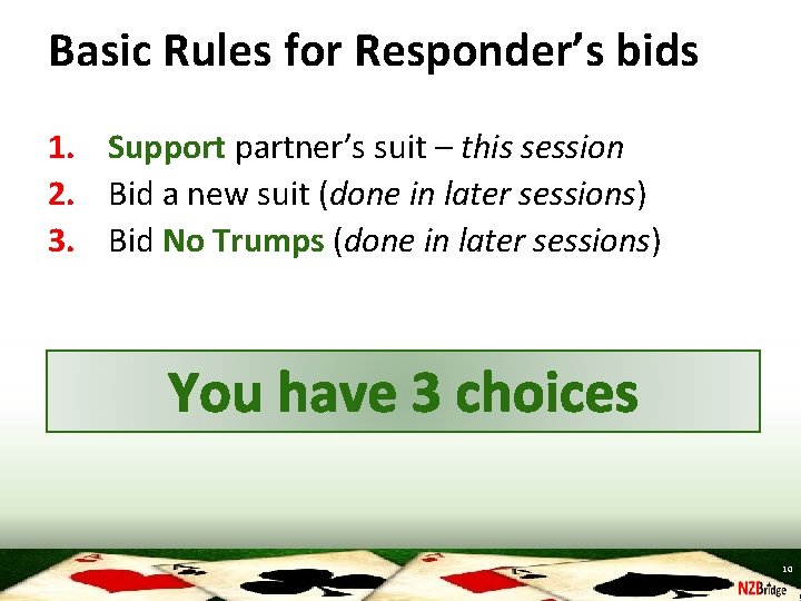 Basic Rules for Responder’s bids 1. Support partner’s suit – this session 2. Bid