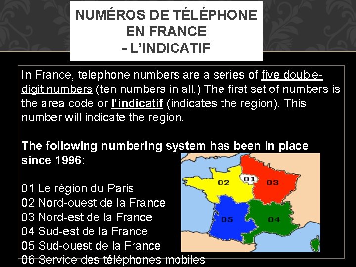 NUMÉROS DE TÉLÉPHONE EN FRANCE - L’INDICATIF In France, telephone numbers are a series NUMÉROS DE TÉLÉPHONE EN FRANCE - L’INDICATIF In France, telephone numbers are a series