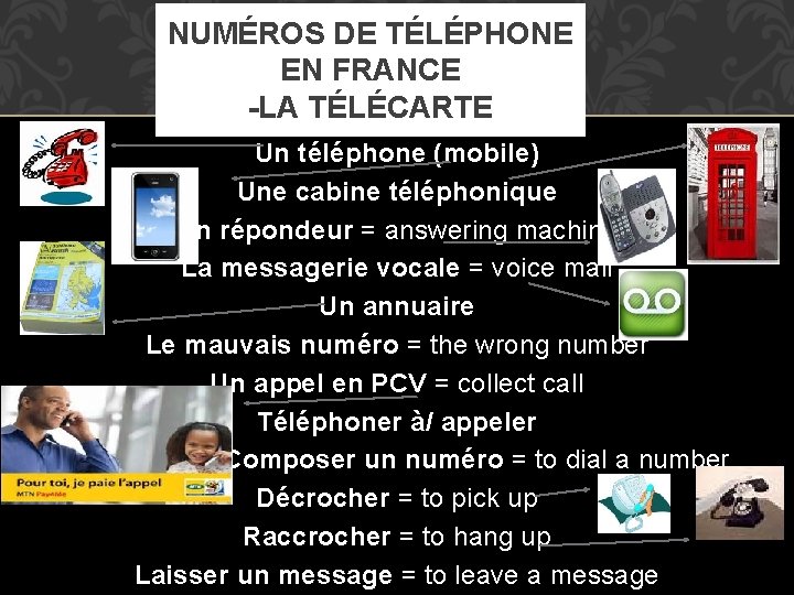 NUMÉROS DE TÉLÉPHONE EN FRANCE -LA TÉLÉCARTE Un téléphone (mobile) Une cabine téléphonique Un