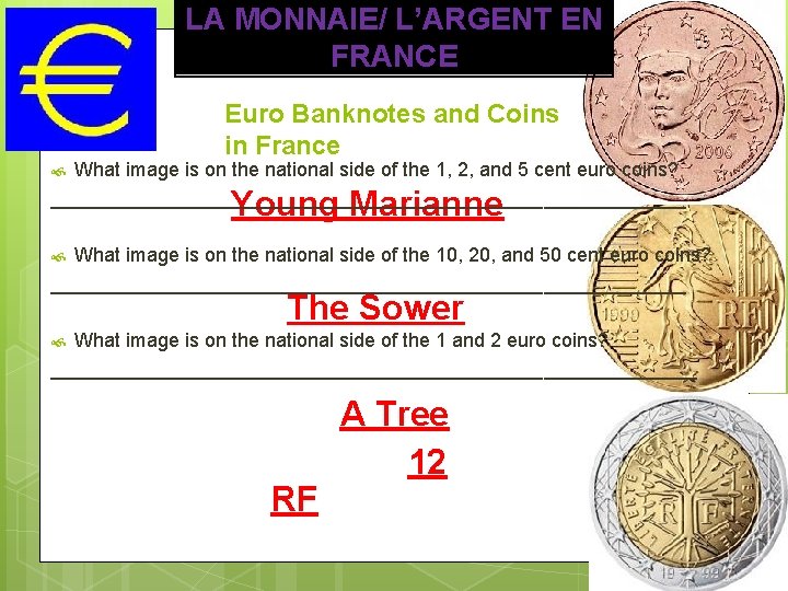 LA MONNAIE/ L’ARGENT EN FRANCE Euro Banknotes and Coins in France What image is