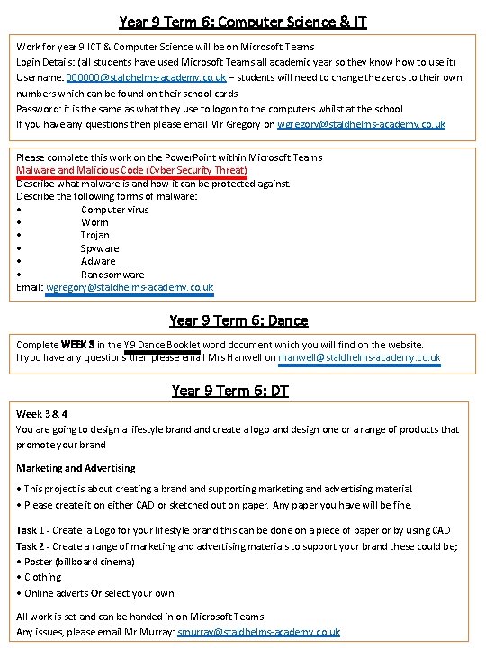 Year 9 Term 6: Computer Science & IT Work for year 9 ICT &