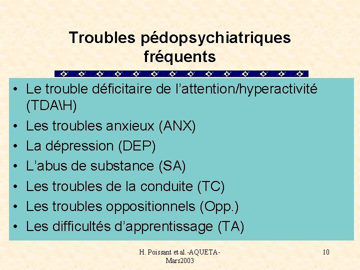 Troubles pédopsychiatriques fréquents • Le trouble déficitaire de l’attention/hyperactivité (TDAH) • Les troubles anxieux