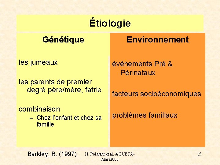 Étiologie Génétique Environnement les jumeaux événements Pré & Périnataux les parents de premier degré