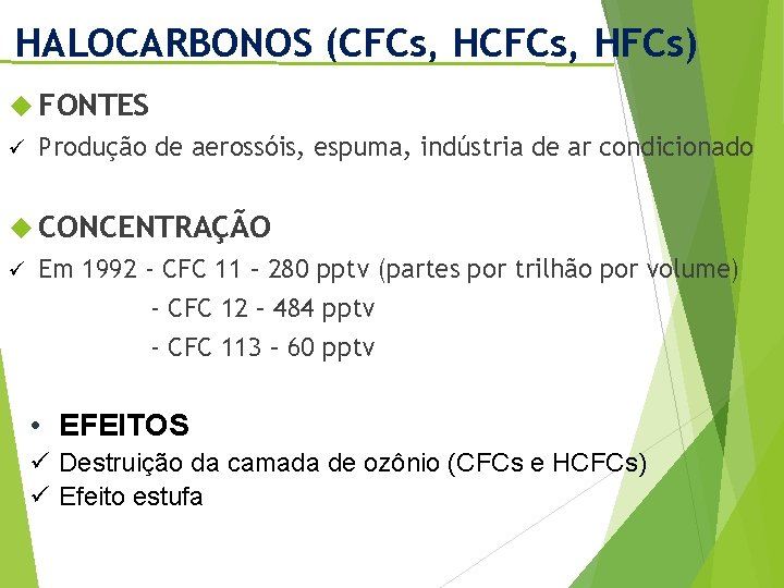 HALOCARBONOS (CFCs, HFCs) FONTES ü Produção de aerossóis, espuma, indústria de ar condicionado CONCENTRAÇÃO