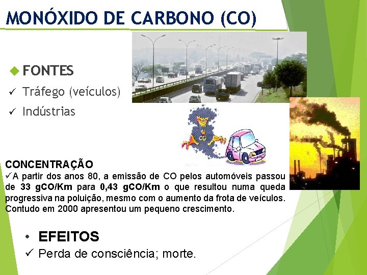 MONÓXIDO DE CARBONO (CO) FONTES ü Tráfego (veículos) ü Indústrias CONCENTRAÇÃO üA partir dos