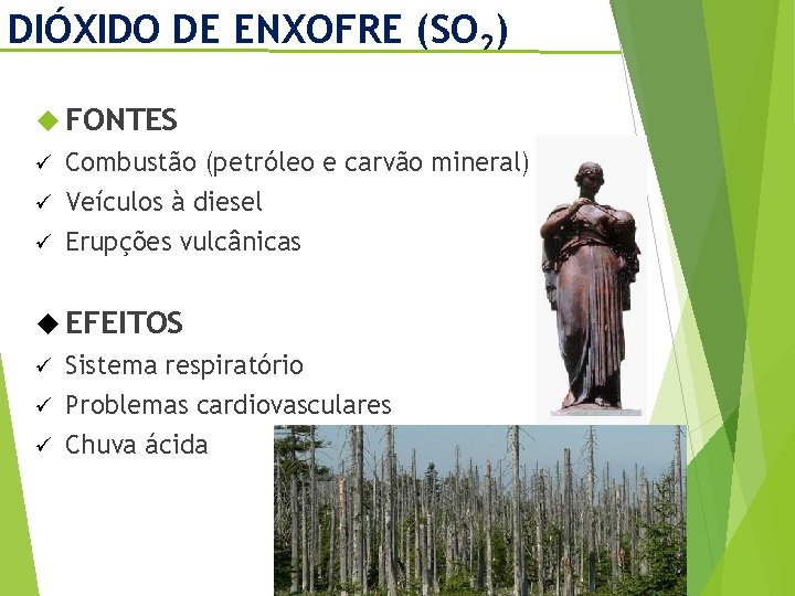 DIÓXIDO DE ENXOFRE (SO 2) FONTES Combustão (petróleo e carvão mineral) ü Veículos à