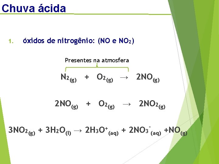 Chuva ácida 1. óxidos de nitrogênio: (NO e NO 2) Presentes na atmosfera N
