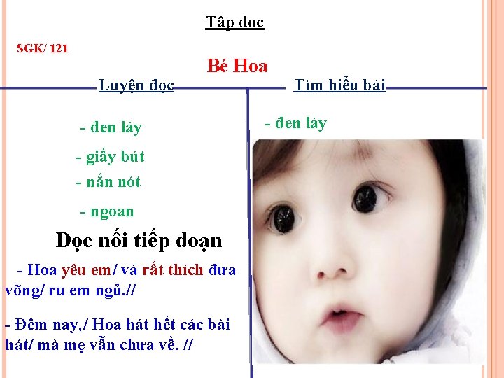 Tập đọc SGK/ 121 Luyện đọc Bé Hoa - đen láy - giấy bút