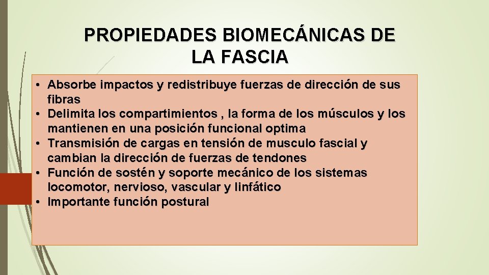 PROPIEDADES BIOMECÁNICAS DE LA FASCIA • Absorbe impactos y redistribuye fuerzas de dirección de