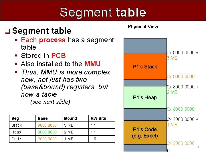 Segment table q Segment table § Each process has a segment table § Stored