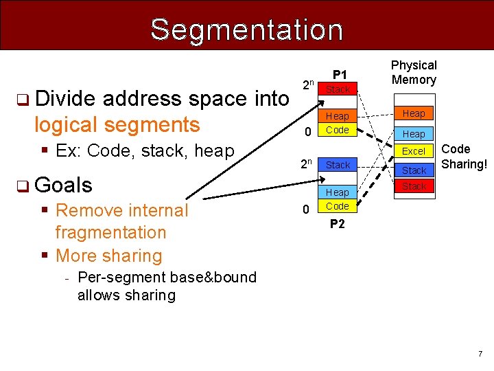 Segmentation q Divide address space into logical segments § Ex: Code, stack, heap 2