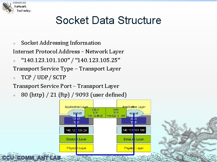 Socket Data Structure Socket Addressing Information Internet Protocol Address – Network Layer “ 140.