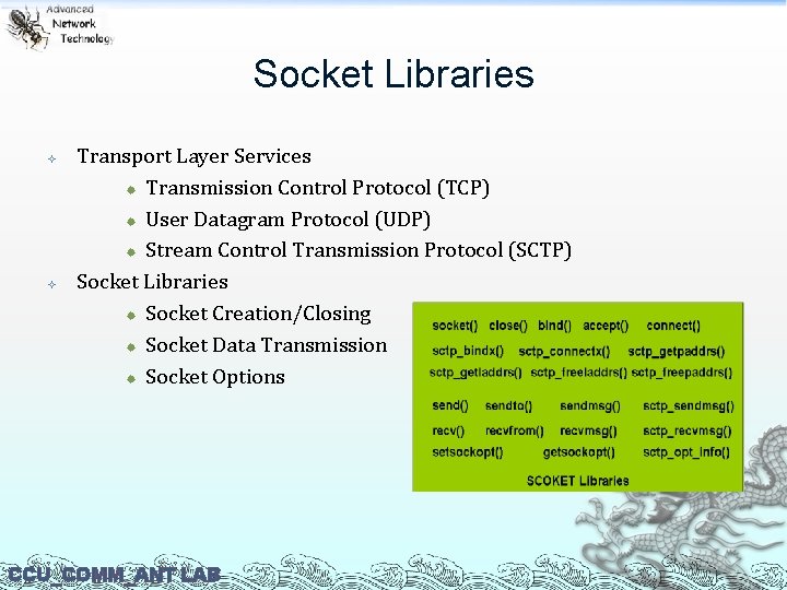 Socket Libraries Transport Layer Services ® Transmission Control Protocol (TCP) ® User Datagram Protocol