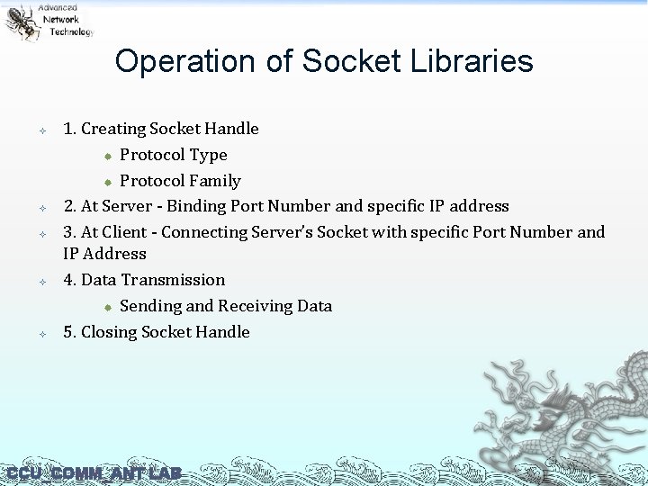 Operation of Socket Libraries 1. Creating Socket Handle ® Protocol Type ® Protocol Family