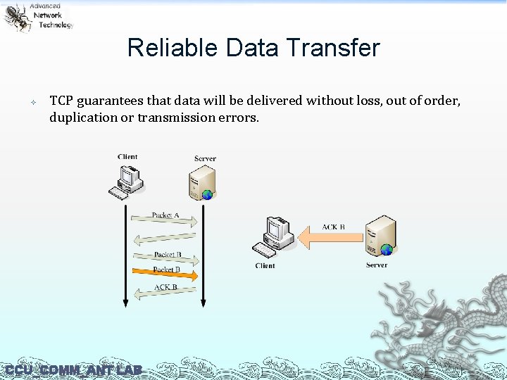 Reliable Data Transfer TCP guarantees that data will be delivered without loss, out of