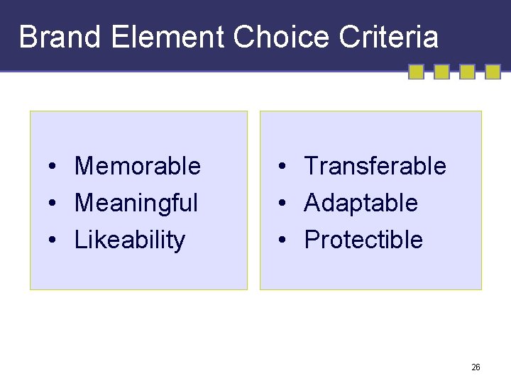 Brand Element Choice Criteria • Memorable • Meaningful • Likeability • Transferable • Adaptable