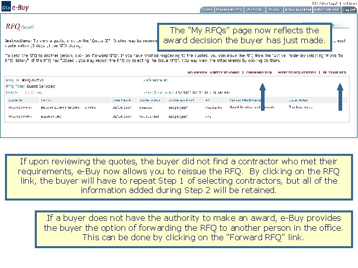 The “My RFQs” page now reflects the award decision the buyer has just made.