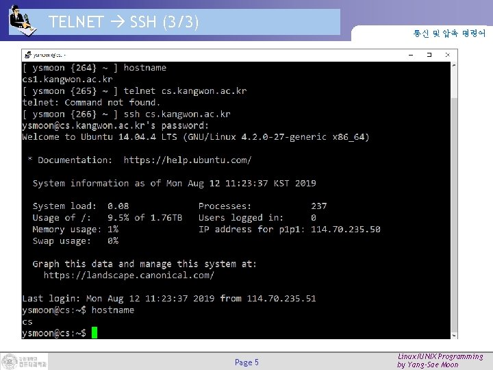 TELNET SSH (3/3) 통신 및 압축 명령어 Page 5 Linux/UNIX Programming by Yang-Sae Moon