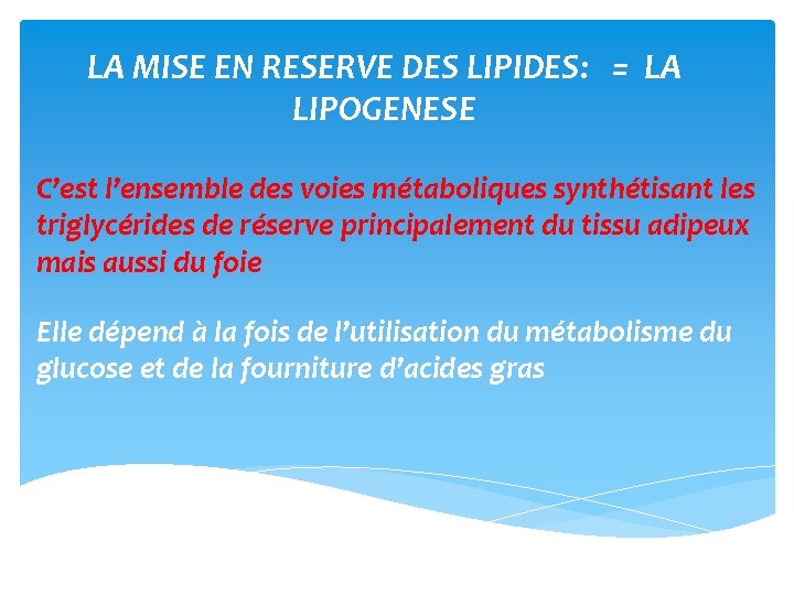 LA MISE EN RESERVE DES LIPIDES: = LA LIPOGENESE C’est l’ensemble des voies métaboliques