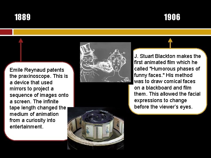 1889 Emile Reynaud patents the praxinoscope. This is a device that used mirrors to