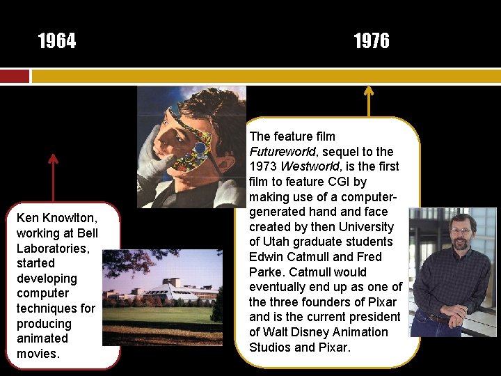 1964 Ken Knowlton, working at Bell Laboratories, started developing computer techniques for producing animated