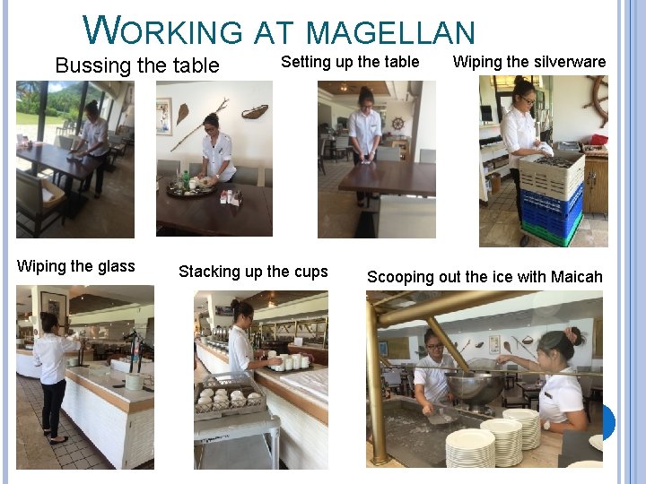 WORKING AT MAGELLAN Bussing the table Wiping the glass Setting up the table Stacking