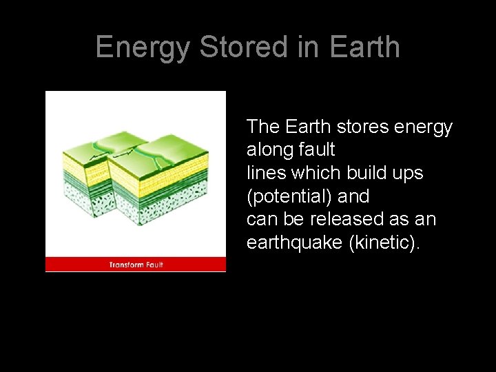Energy Stored in Earth The Earth stores energy along fault lines which build ups