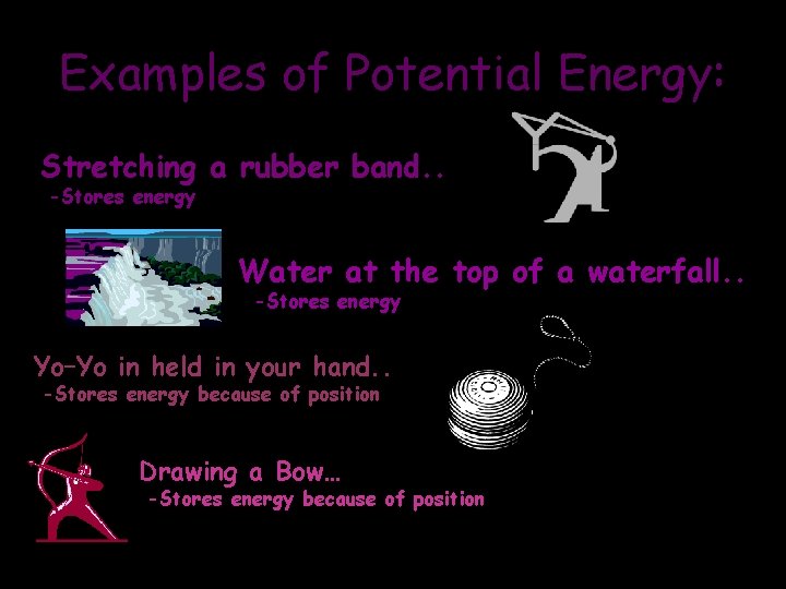 Examples of Potential Energy: Stretching a rubber band. . -Stores energy Water at the