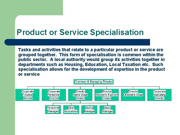 Product or Service Specialisation Tasks and activities that relate to a particular product or