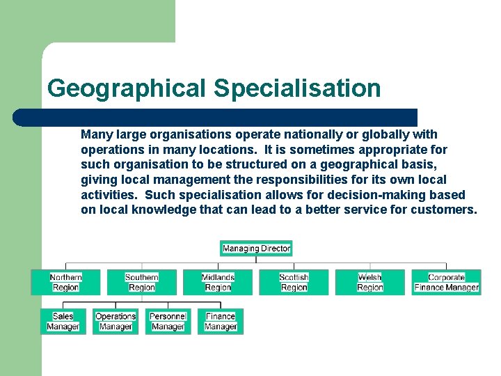 Geographical Specialisation Many large organisations operate nationally or globally with operations in many locations.