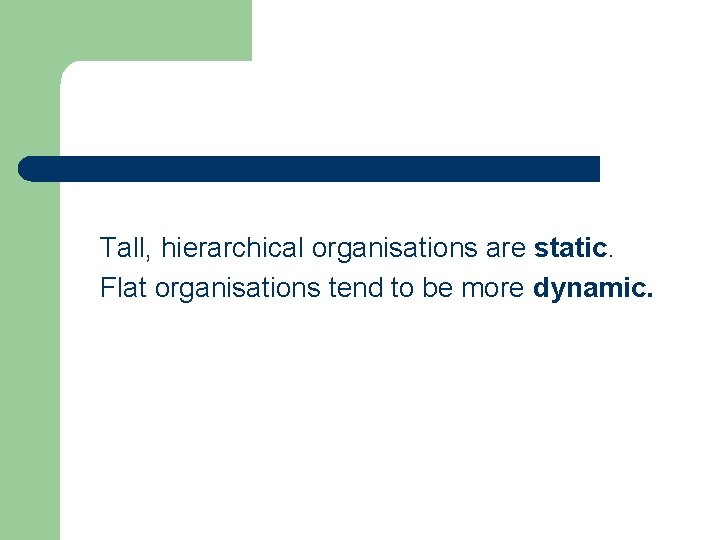 Tall, hierarchical organisations are static. Flat organisations tend to be more dynamic. 