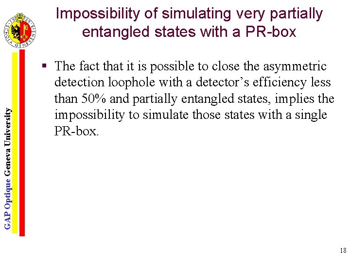 GAP Optique Geneva University Impossibility of simulating very partially entangled states with a PR-box