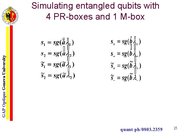 GAP Optique Geneva University Simulating entangled qubits with 4 PR-boxes and 1 M-box quant-ph/0803.