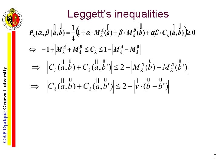 GAP Optique Geneva University Leggett’s inequalities 7 