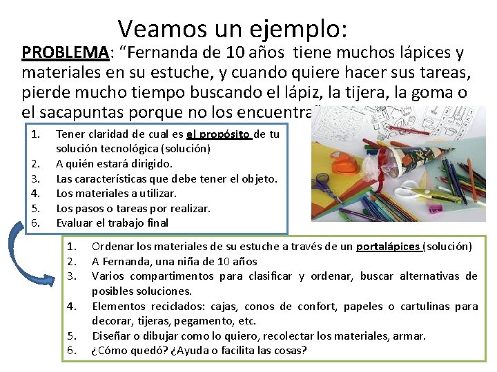 Veamos un ejemplo: PROBLEMA: “Fernanda de 10 años tiene muchos lápices y materiales en