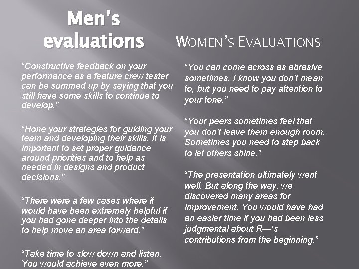 Men’s evaluations “Constructive feedback on your performance as a feature crew tester can be