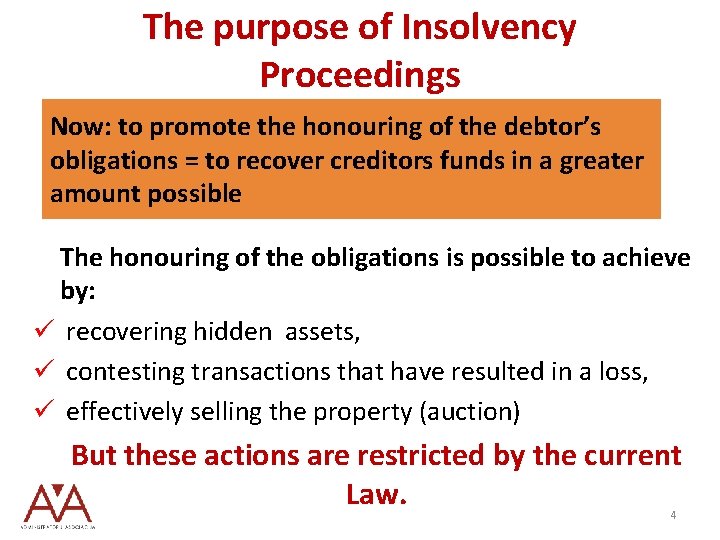 The purpose of Insolvency Proceedings Now: to promote the honouring of the debtor’s obligations