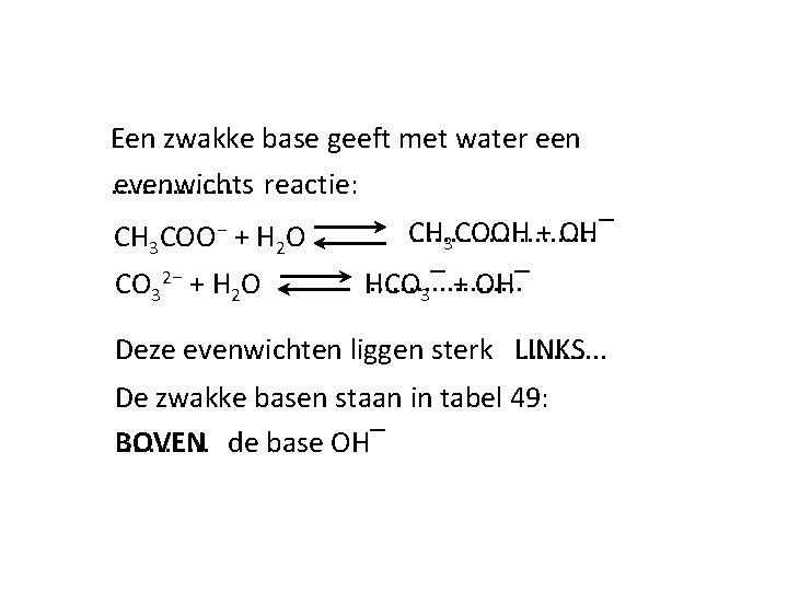 Een zwakke base geeft met water een. . . . evenwichts reactie: CH 3